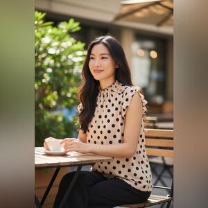 Adrienne Vittadini Beige Polka Dot Ruffle Sleeve Blouse Size L